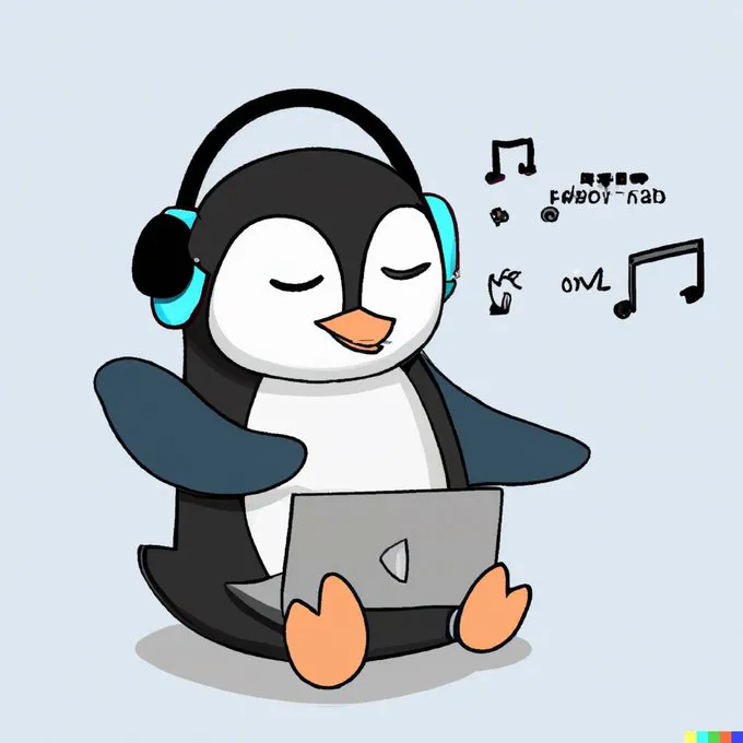 "A penguin listening to music while programming" generated by DALL-E in 2022
